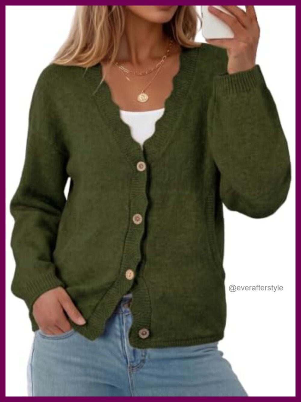Oversized Button Up Knit Cardigan Sweater with Pockets Ruffle Trim V-Neck